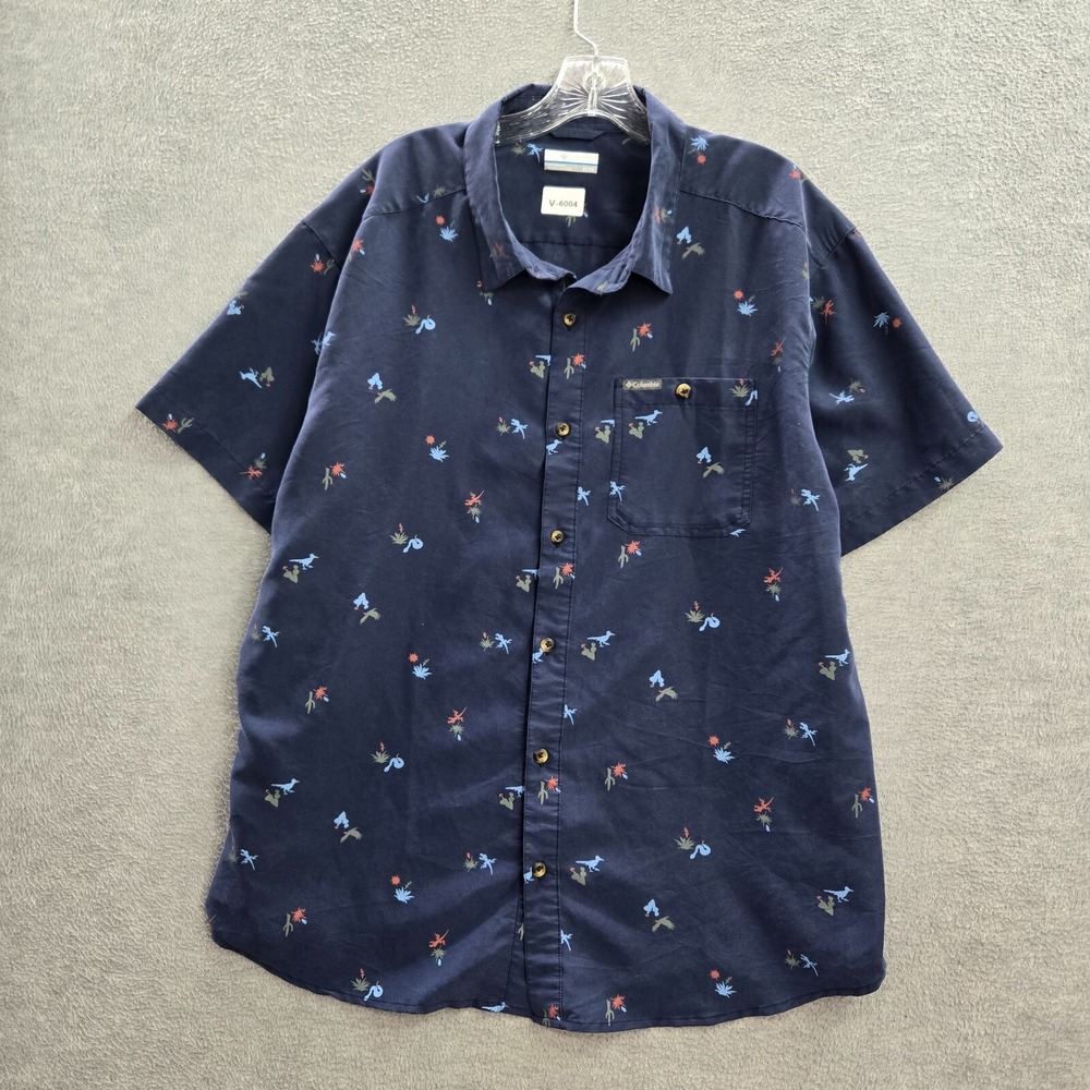 Columbia Men Button Up Shirt XL Blue Snake Cactus Bird Allover Print Collar